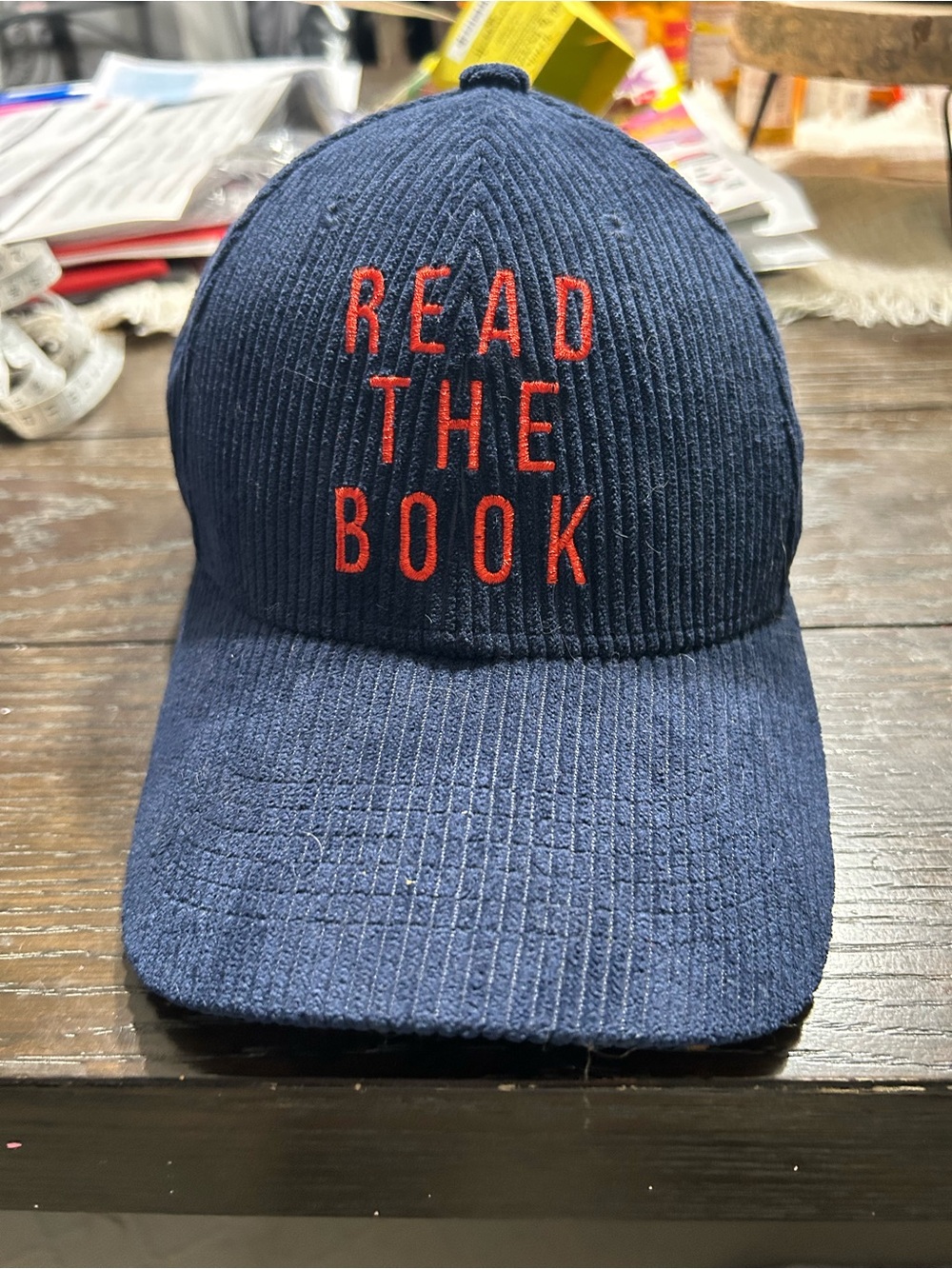 Men's Navy Corduroy Baseball Cap with Red "READ THE BOOK" Embroidery/Phish